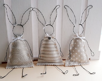 Wire Rabbit 3-Piece Set Easter Decoration Spring Decoration Sewn Decorative Pendant Easter Basket Beige White Jute Rabbit Gift