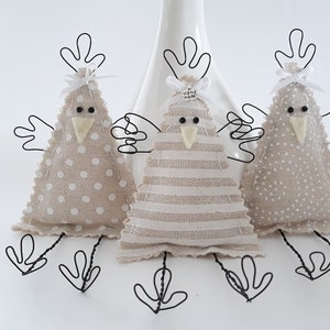 Poulets en fil de fer lot de 3 décorations de Pâques décoration de printemps cousues pendentif décoratif panier de Pâques beige blanc tissu de jute cadeau image 5