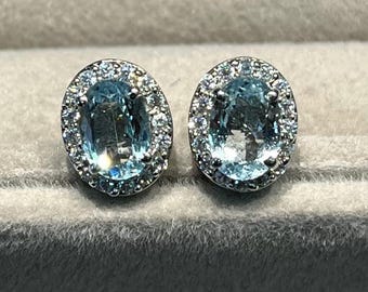 Zertifizierte Aquamarin Oval Ohrstecker, 925 Sterling Silber Ohrstecker, März Geburtsstein, Minimal Halo Ohrstecker