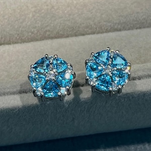 Natural Swiss Blue Topaz Earrings • Round Cluster Studs • Elegant Statement Jewelry • November Birthstone