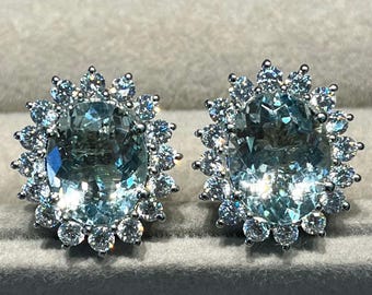 Natürliche 12 x 10 mm Aquamarin Oval Ohrstecker, 925 Sterling Silber Ohrringe, Cluster, Minimal, Dainty, März Birthstone, Huge