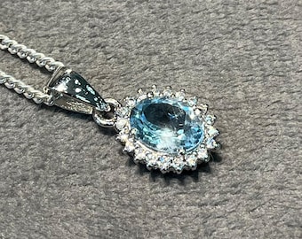 Certified 1.5 Carats Aquamarine Pendant Necklace,Halo Cluster CZ Diamond Pendant, Sterling Silver Necklace, March Birthstone,Oval Aquamarine