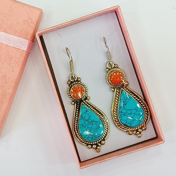 Ethnic Turquoise Tibetan Earrings for Women , Vintage earrings , Old Style Earrings , Silver Jewellery , Coral Earrings and jewelry