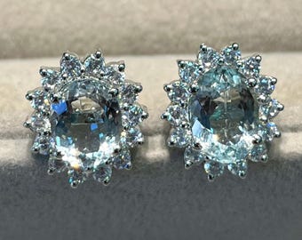 Natürliche 10 x 8 mm Aquamarin Oval Ohrstecker, 925 Sterling Silber Ohrringe, Cluster, Minimal, Dainty, März Birthstone, Braut Ohrringe Riesig
