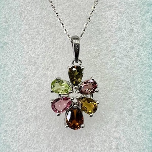 Sterling Silver  Natural Tourmaline Pendant Necklace, Multicolor October Birthstone Jewelry, Dainty 925 Silver Gift , Pink ,Green Tourmaline