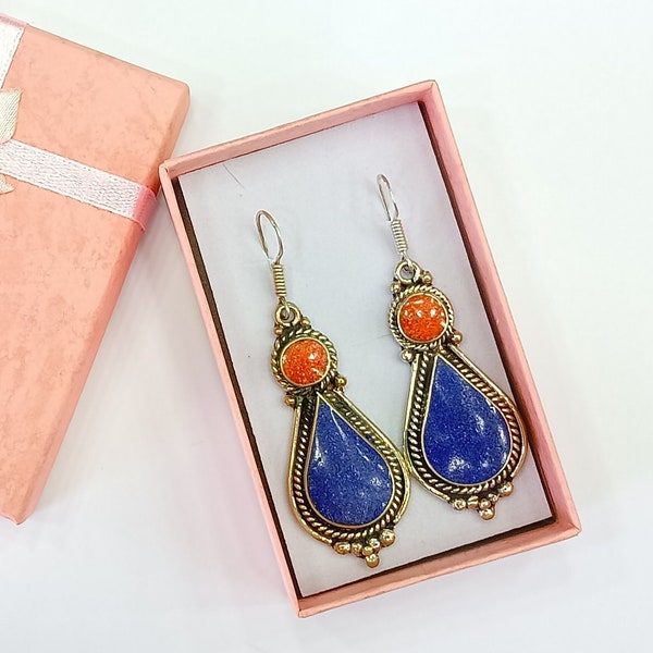 Ethnic Lapis Lazuli and Coral Stone Earrings, Hippie Tribal Dangle Earrings, Vintage  Jewellery, Women Coral Jewellery