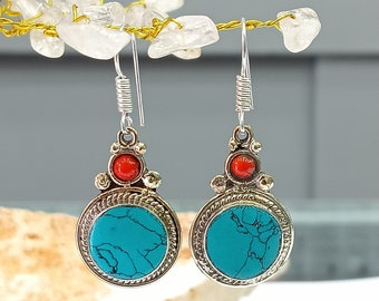 Turquoise Ethnic Dangle Earrings For Her - Coral Jewelry - Turquoise Gemstone - Boho and Hippie Jewellery