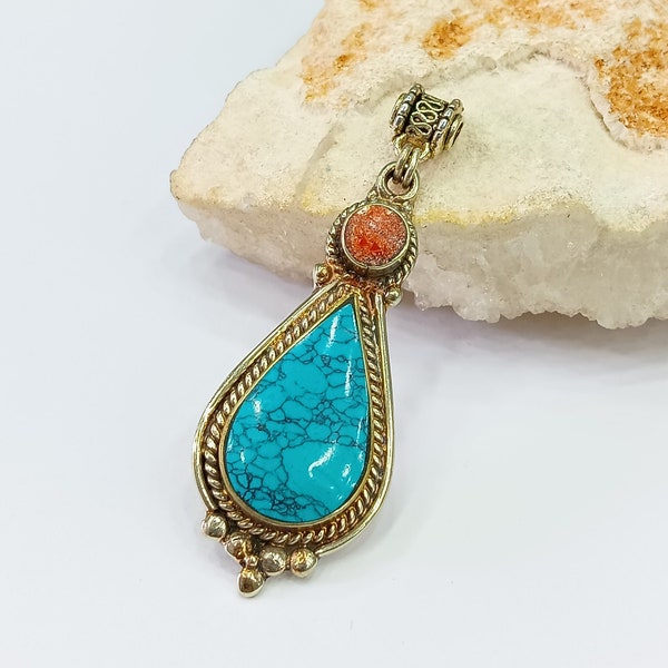 Ethnic Lapis and turquoise Pendant - Jewelry From Nepal - Himalaya Jewelry - vintage pendant made of turquoise
