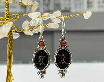 Coral and Black Onyx Dangle earrings, Black Earrings for Women, Ethnic Earrings, Tibetan Silver Earrings