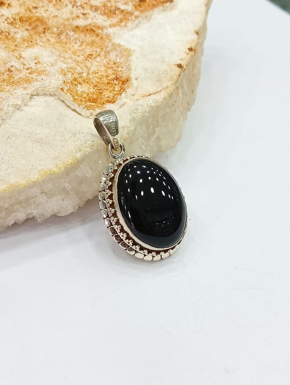Large Black Onyx gemstone oval 925 Silver pendant… - image 1