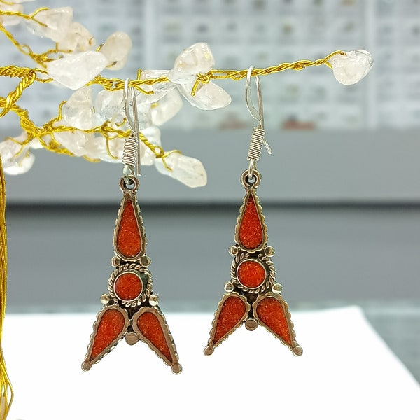 Ethnic Coral Earrings , Silver Earrings , Nepali Handmade Earrings , Dangle earrings for Women , Coral Jewellery