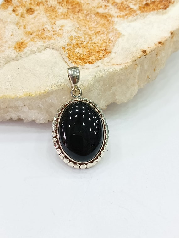 Large Black Onyx gemstone oval 925 Silver pendant… - image 3