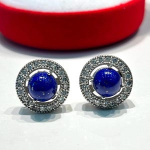 Natural Afghani Lapis Lazuli Studs Earrings - 925 Sterling Silver Earrings - Round Lapis Cabachon Studs - December Birthstone - Halo Earring