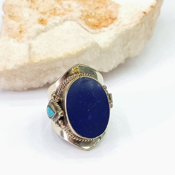 Huge Ethnic Lapis Lazuli Ring - Boho Style Ring - Unisex Ring - Adjustable Ring - Tibetan Ring - Large Stone Rings