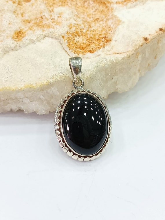 Large Black Onyx gemstone oval 925 Silver pendant… - image 4