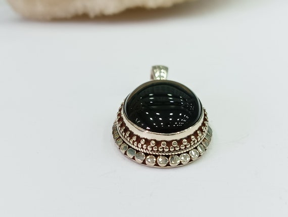 Large Black Onyx gemstone oval 925 Silver pendant… - image 6