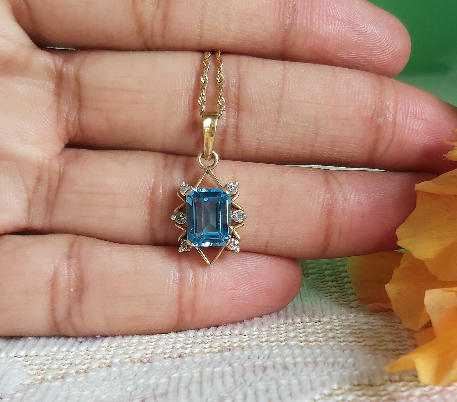 Solid Yellow Gold Blue Topaz Pendant Necklace14 k Gold | Etsy