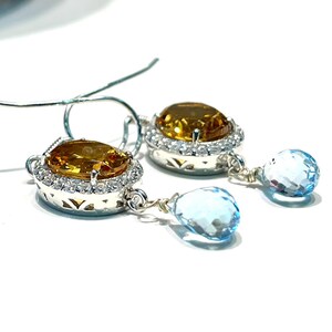 Natural Citrine And Blue Topaz Earrings - 925 Sterling Silver Earrings - Dangle Drop - Topaz Pample Drop - Statement Earrings