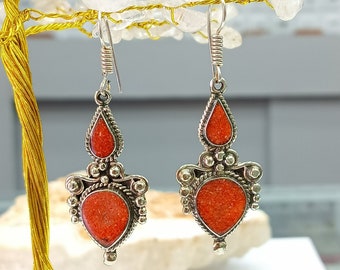 Ethnic  Coral Earrings - Beautiful Vintage earrings - Boho earrings - Tibetan Earrings from Nepal - Coral Jewelry