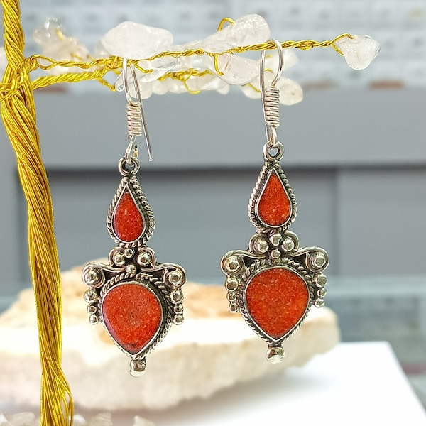 Ethnic  Coral Earrings - Beautiful Vintage earrings - Boho earrings - Tibetan Earrings from Nepal - Coral Jewelry