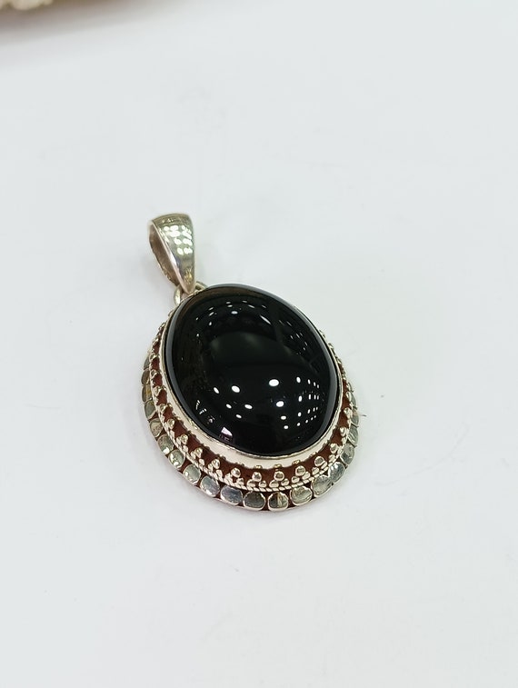 Large Black Onyx gemstone oval 925 Silver pendant… - image 2