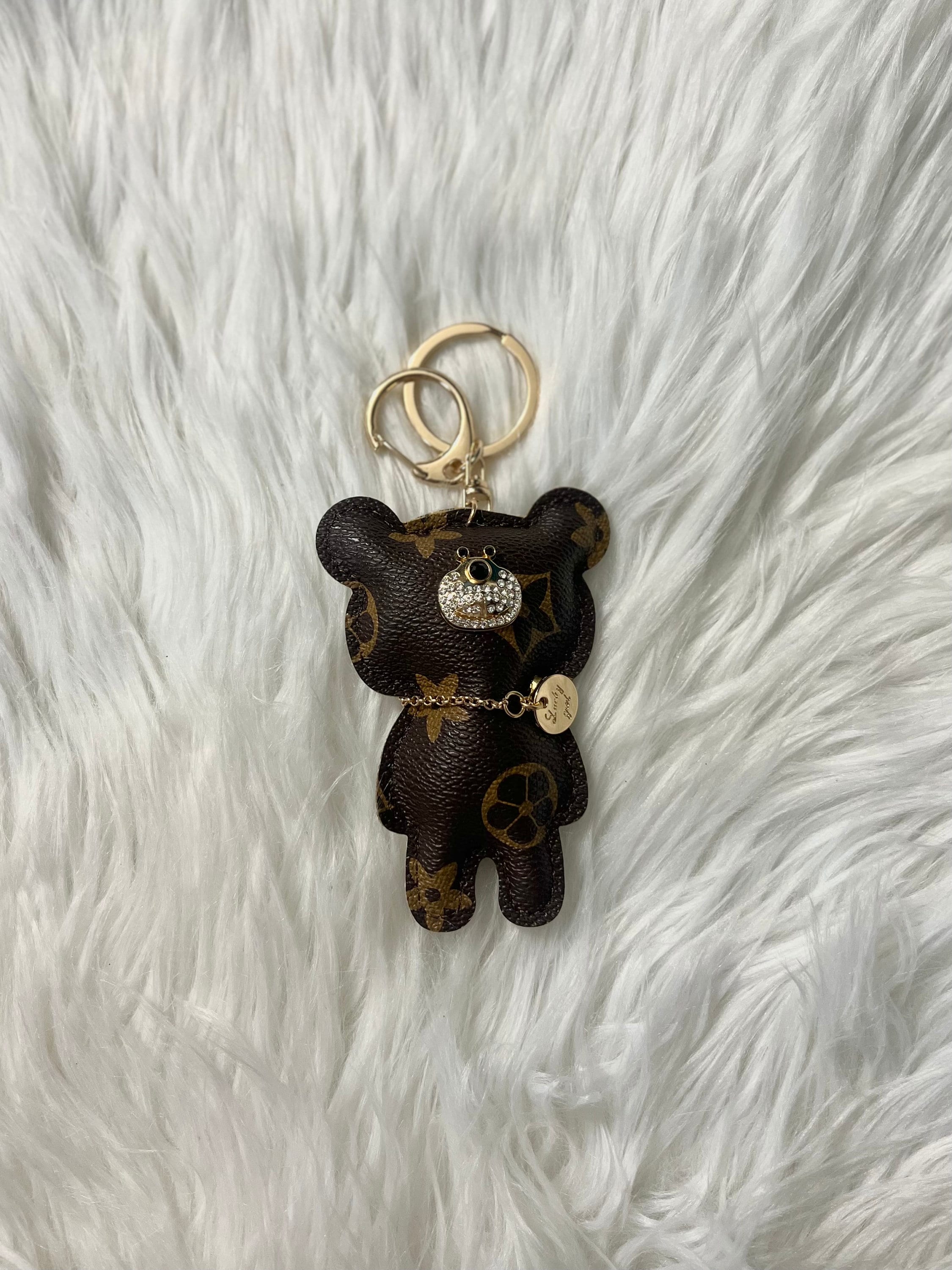 Little Luxuries Designs Teddy Bear Shaped Louis Vuitton Style Damier Keychain/Bag Charm (with Strap)