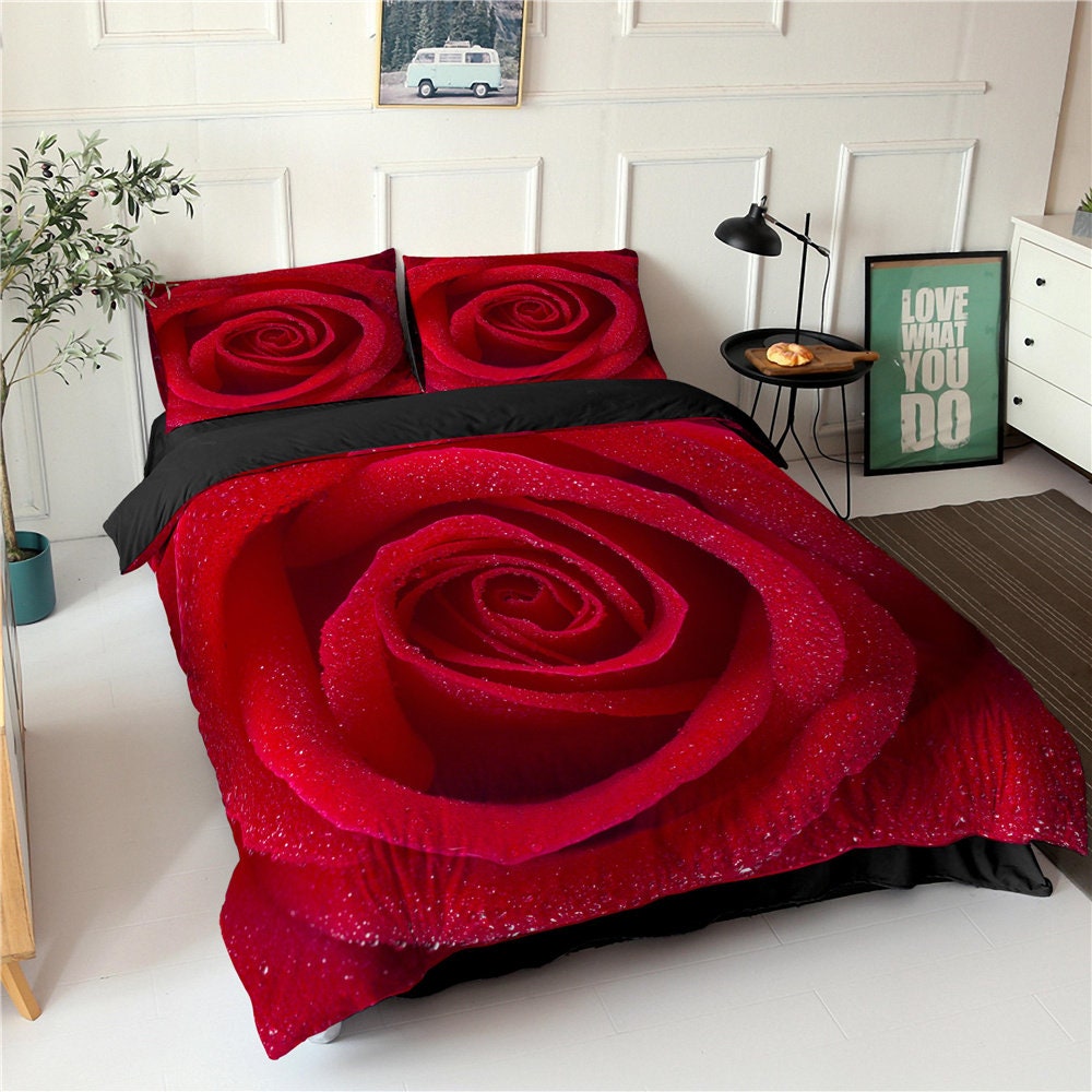 Red Rose Duvet Cover Set Full Size Romantic Flower Bedding Etsy