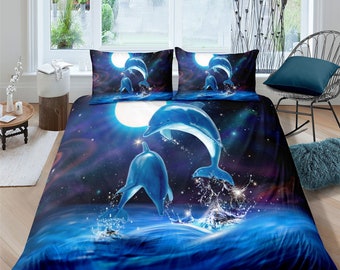 Dolphin Rose Bedding Set Girls Adult Full Fish Cartoon Dolphin Comforter Cover for Boys Girls Flower Fish Beauty Duvet Cover Breathable Bedspread Cover Room Decor Bedclothes 3pcs Bedding Set
