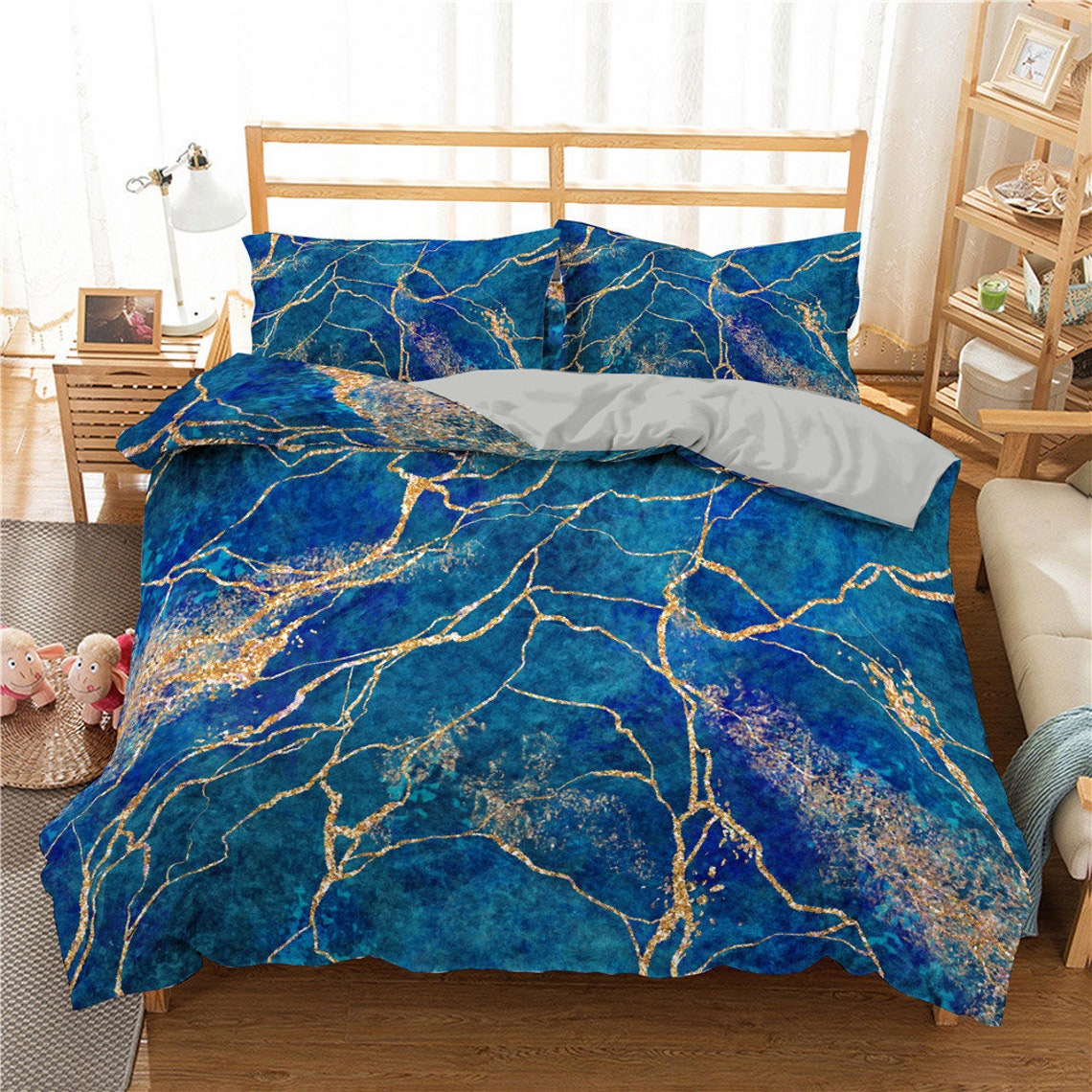 Teal Blue Marble Duvet Cover Set 3 Pcs Comforter Quilt Cover Etsy UK