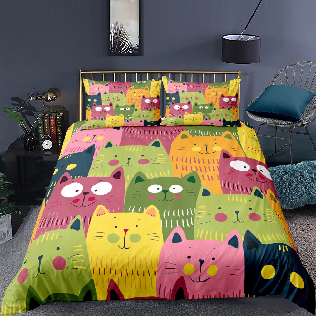 Cat Duvet Cover Set Lazy Sleepy Cat in Earth Tones Furry Etsy