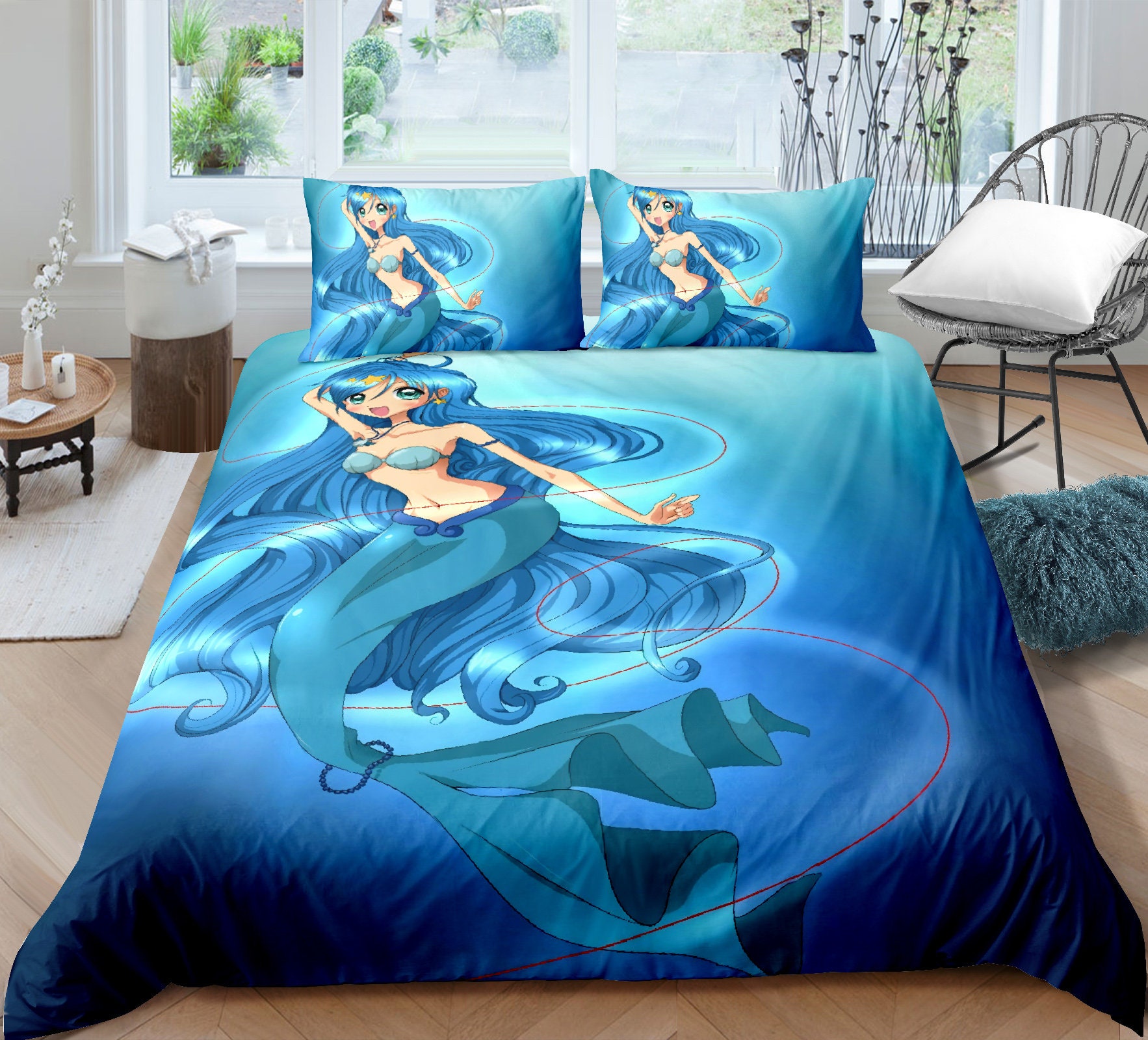Mermaid Duvet Cover Set Cartoon Drawing of Aquatic Lady in Etsy