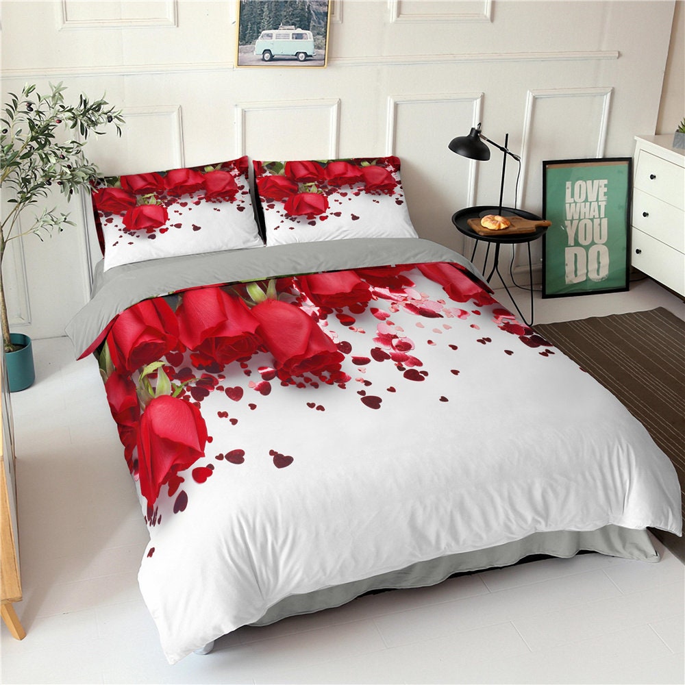 Red Rose Duvet Cover Queen Size Bedding Set 3 Pieceultra Etsy
