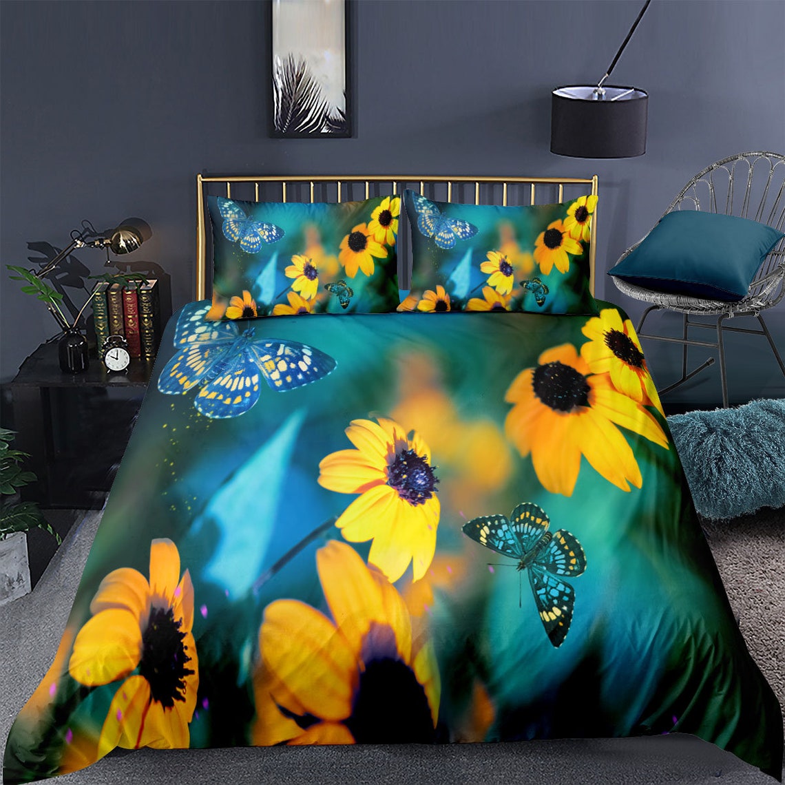 Butterfly Bedding Set Blue Butterflies Duvet Cover Bed Set 3 Etsy