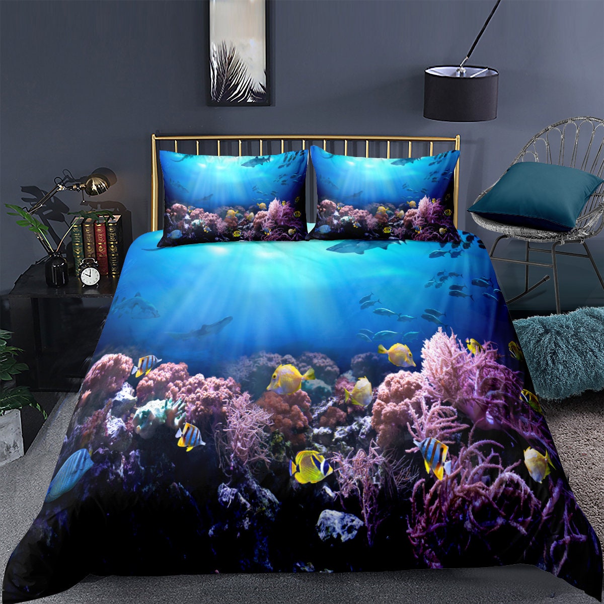 Fish Duvet Cover Set Underwater Sea World Scene With Goldfish Etsy