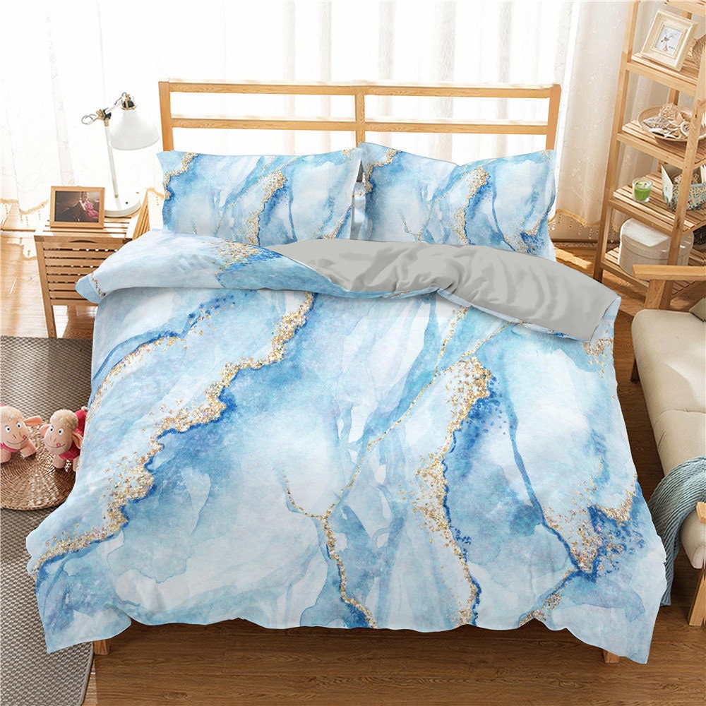 Marble Duvet Cover Set 3 Piece Light Blue Quilt Cover Set With Etsy
