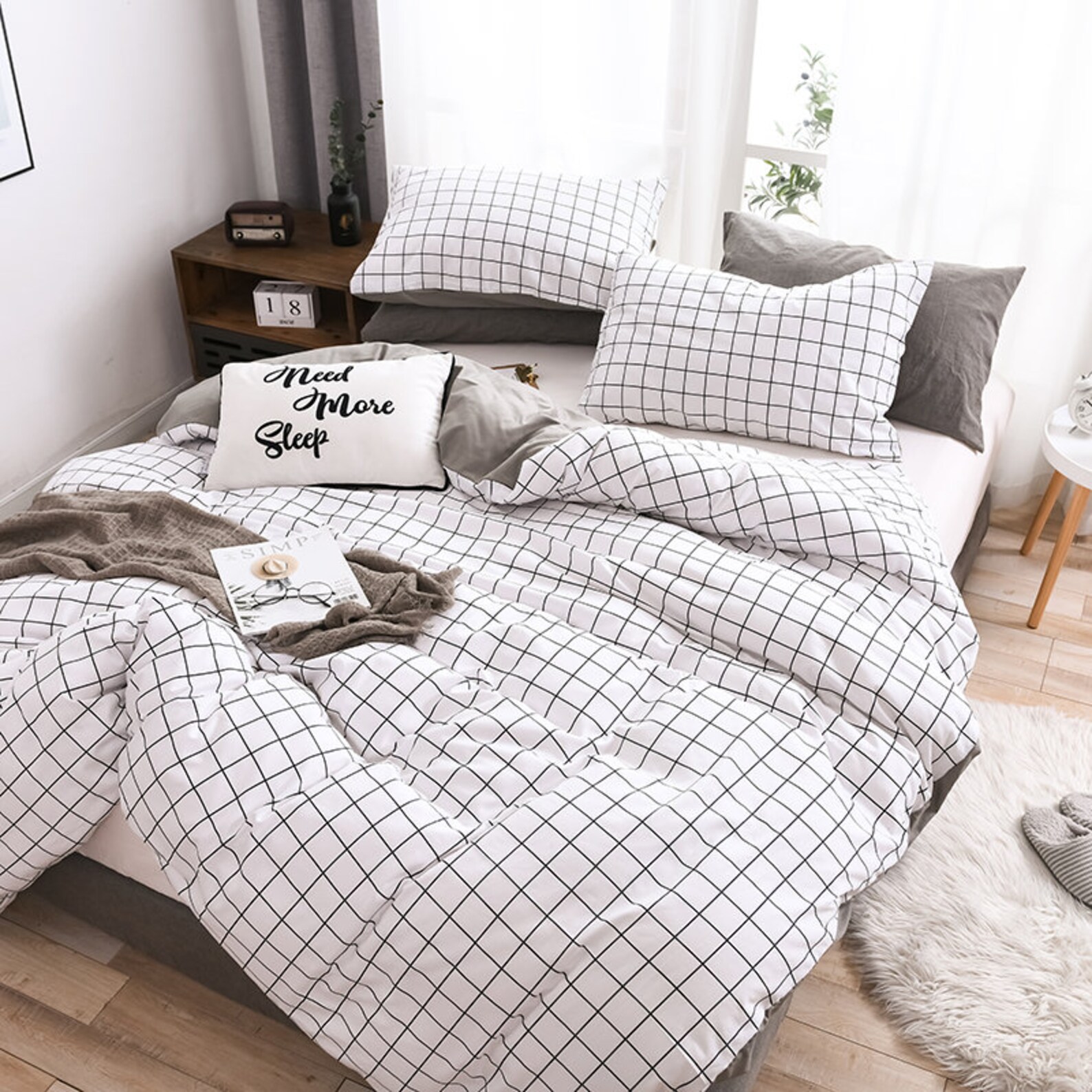 100 Natural Cotton 3pcs Plaid Duvet Cover Setswhite With Etsy