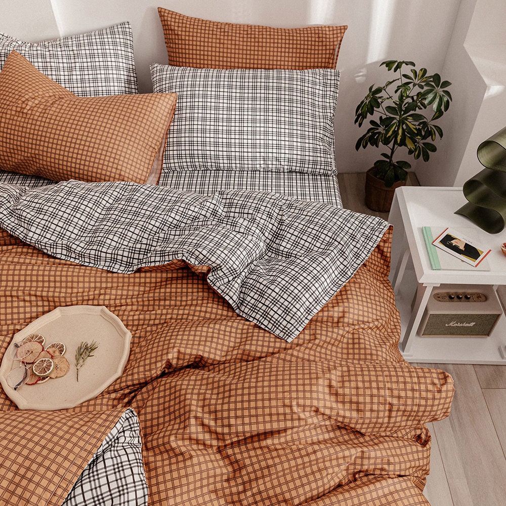 Orange Brown Plaid Duvet Cover King Geometric Grid Bedding Set Etsy