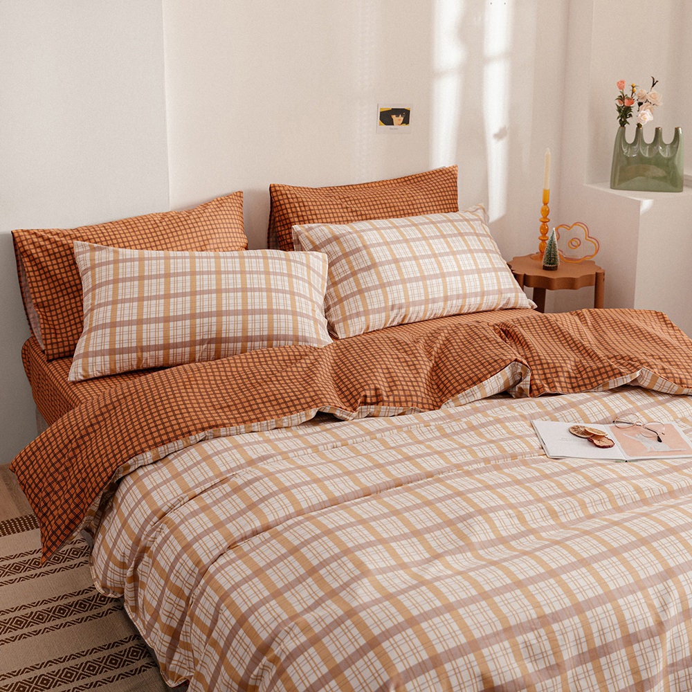 100 Cotton Plaid Duvet Cover King Orange Grid Bedding Set Etsy UK