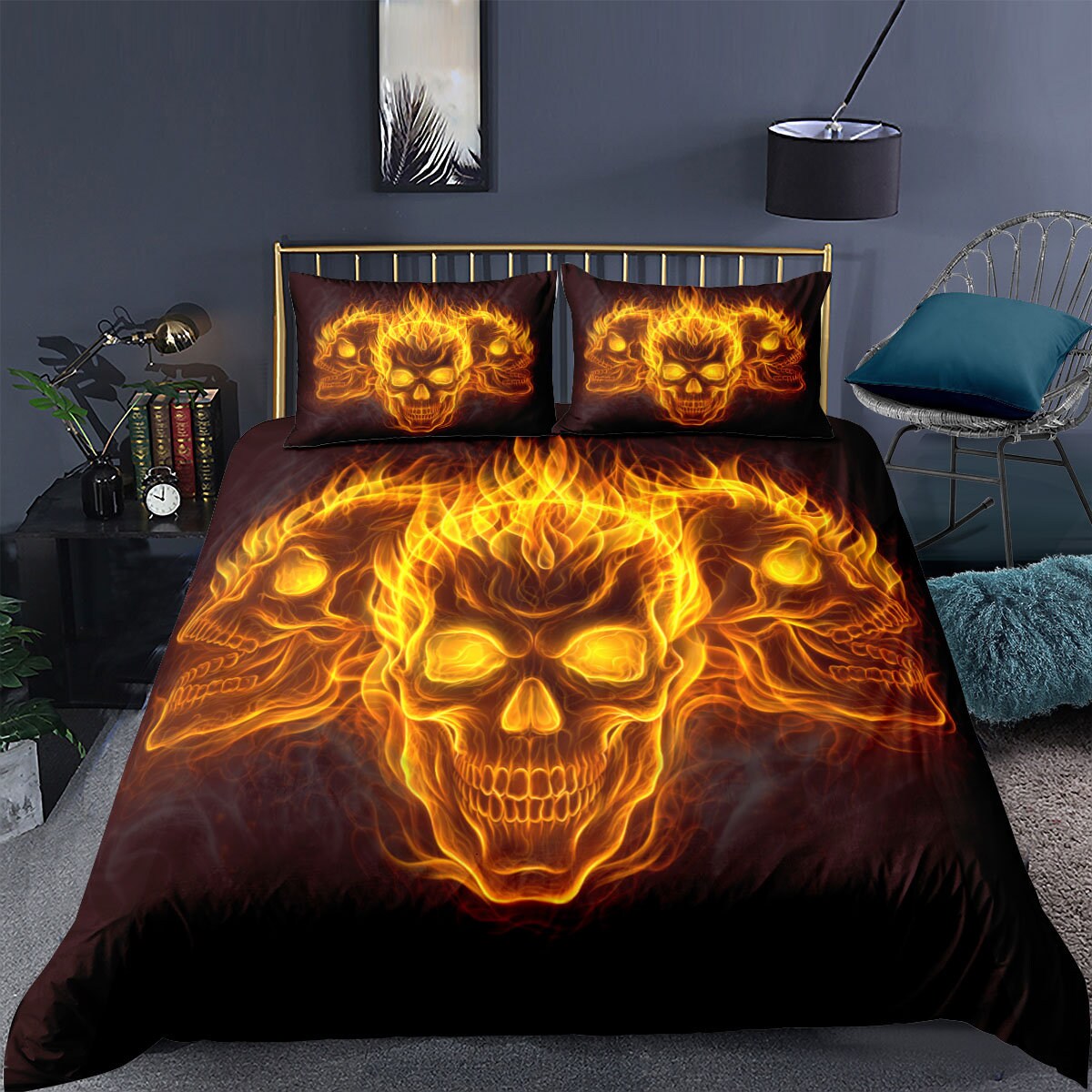 Skull Fire Duvet Cover Set 3 Pieces 