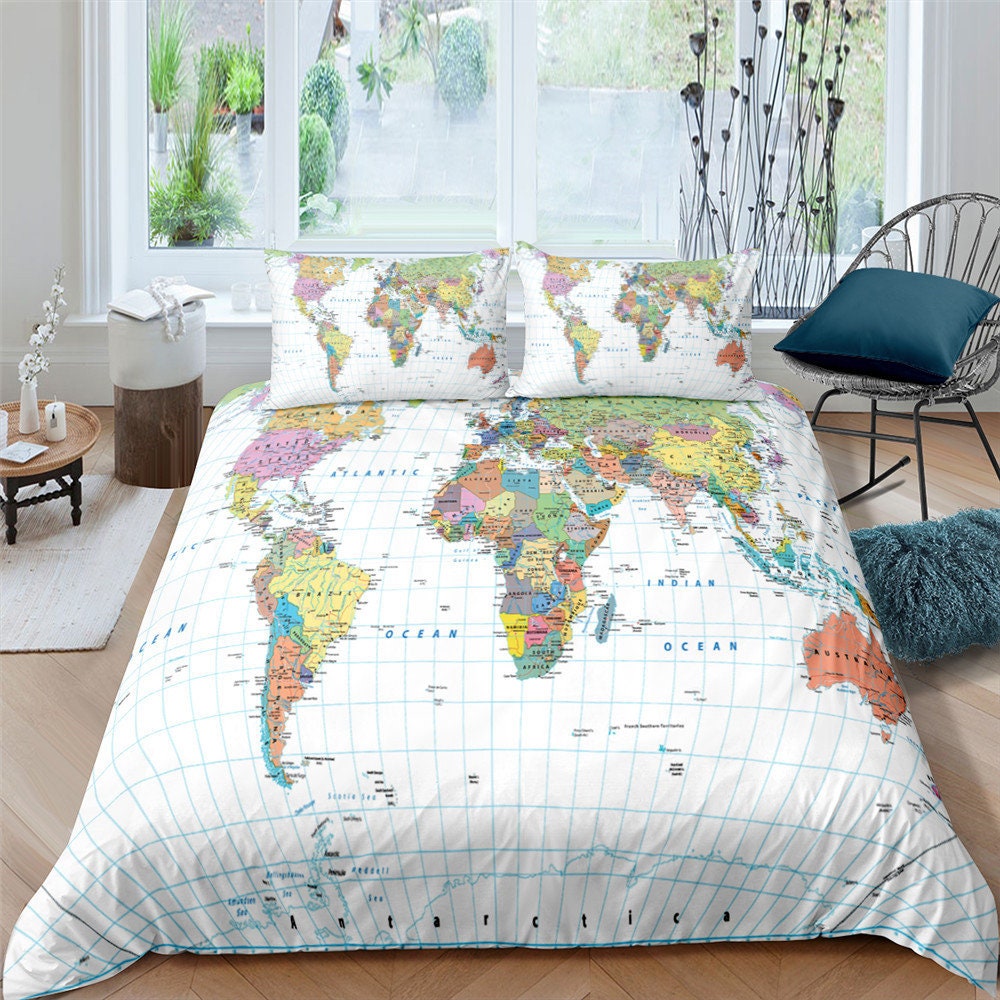 World Map Duvet Cover Set, World Countries Bedding Set, Road Map Quilt