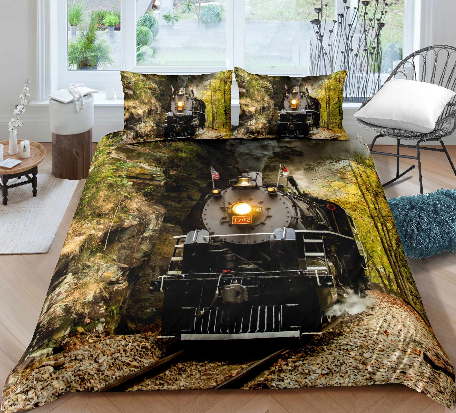 Steam Engine Duvet Cover Set Red Black Train on Etsy