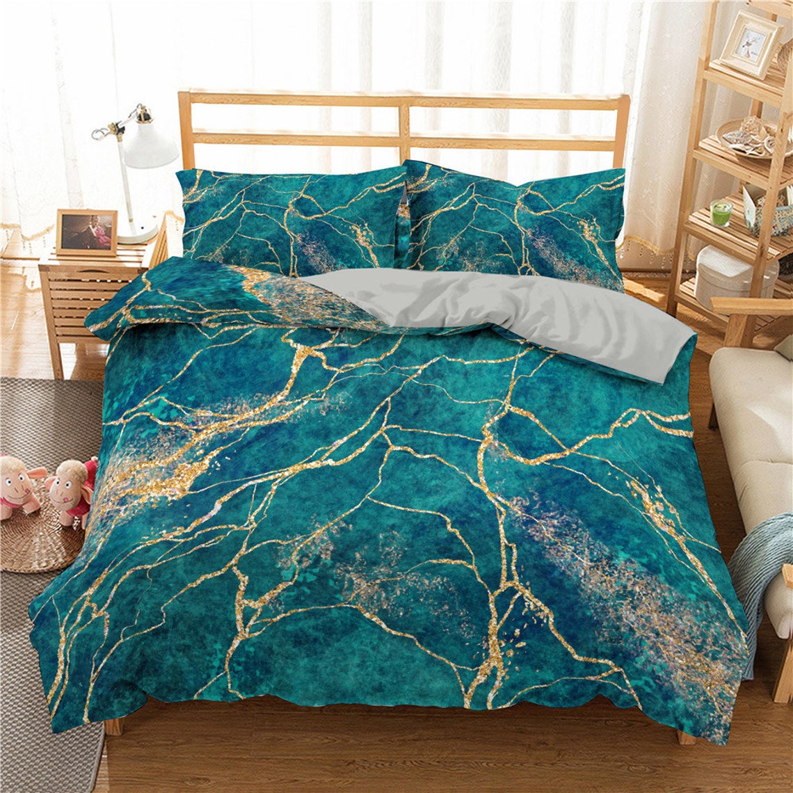 Teal Blue Marble Duvet Cover Set 3 Pcs Comforter Quilt Cover Etsy UK
