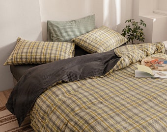 NO Comforter Jane yre Plaid Green Duvet Cover King 100% Yarn Dyed Washed Cotton 3pcs Plaid Bedding Set Geometric Green Checkered Pattern Luxury Relaxed Soft Feel Natural Wrinkled Easy Care