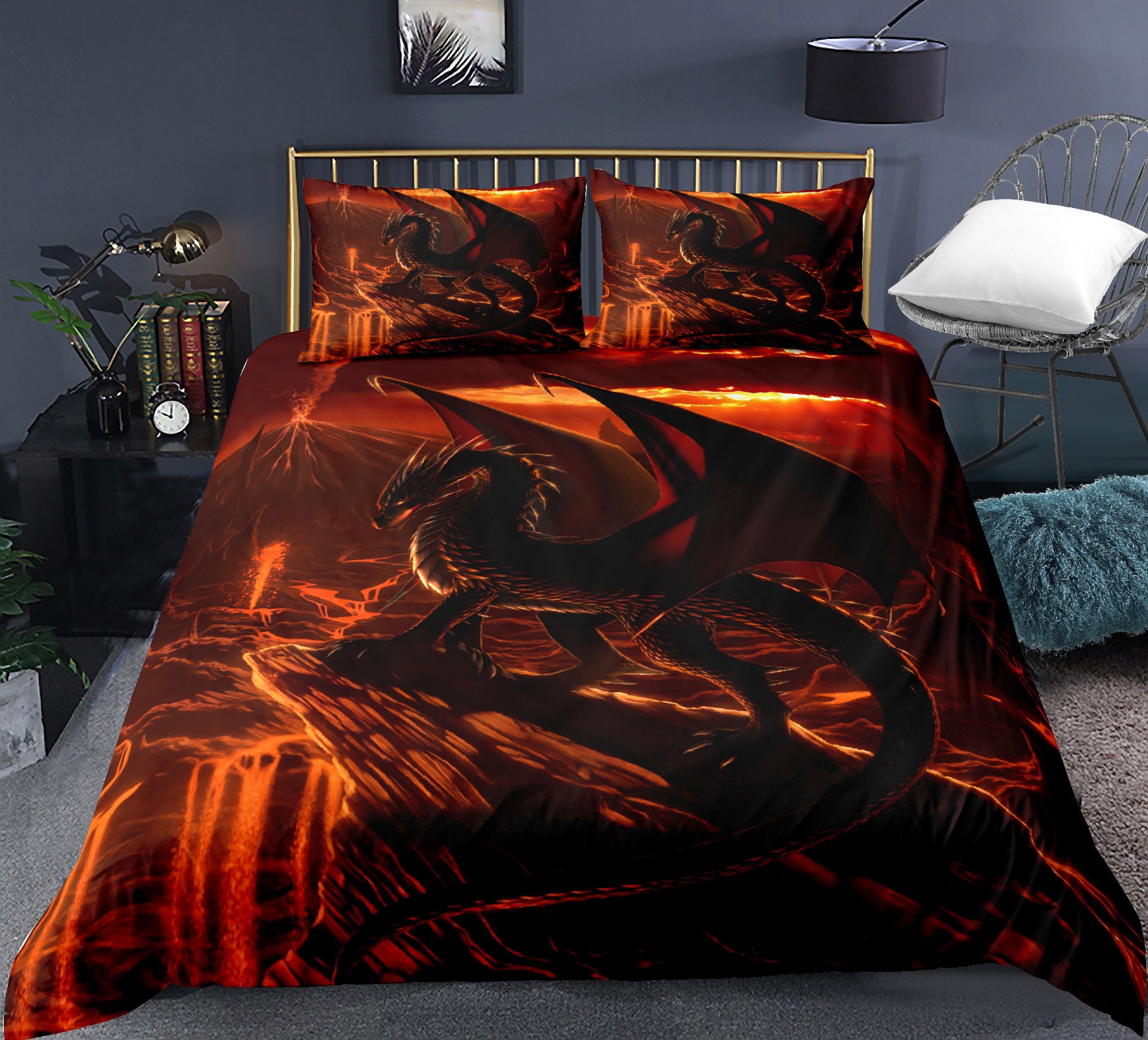 Duvet Cover Set Head of Dragon With Ornate Effects on Ackdrop Etsy UK