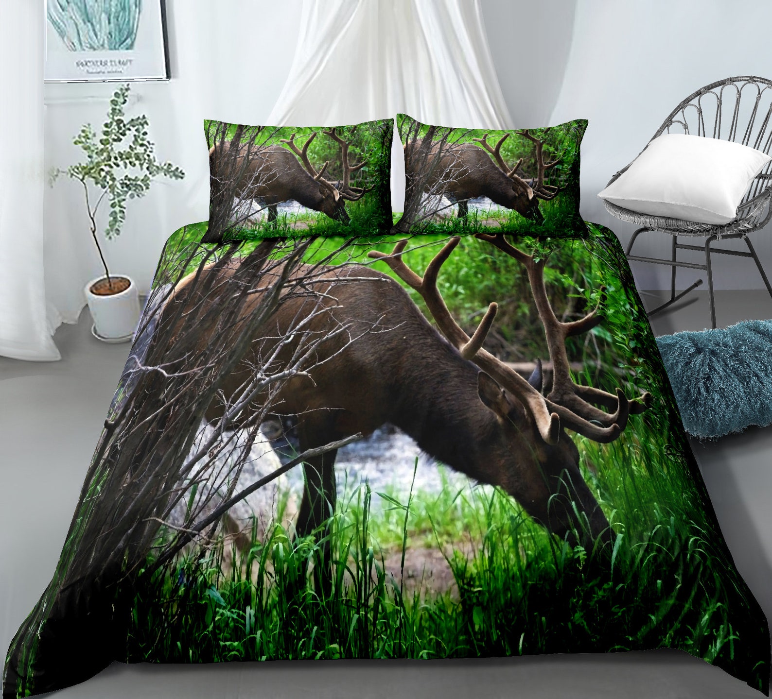 Watercolor Deer Bedding Set Antler Comforter Cover Hand Etsy UK