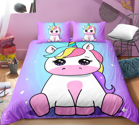 3 Piece Girls Unicorn Bedding Comforter Set With Pillowcase Twin Full Queen Size 