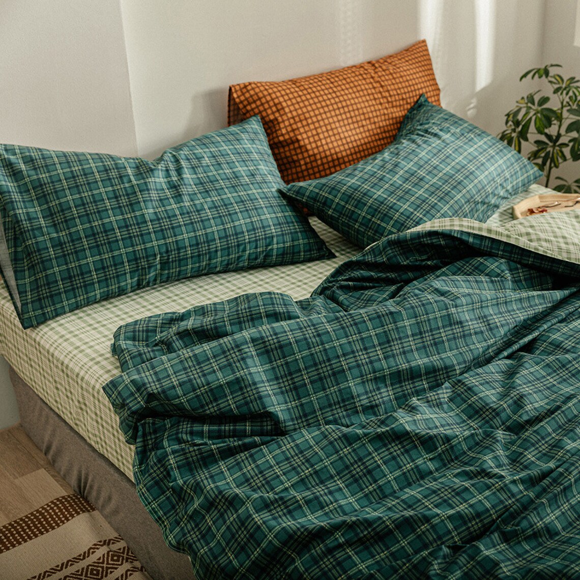 Dark Green Plaid Duvet Cover King 100 Cotton Plaid Bedding Etsy UK