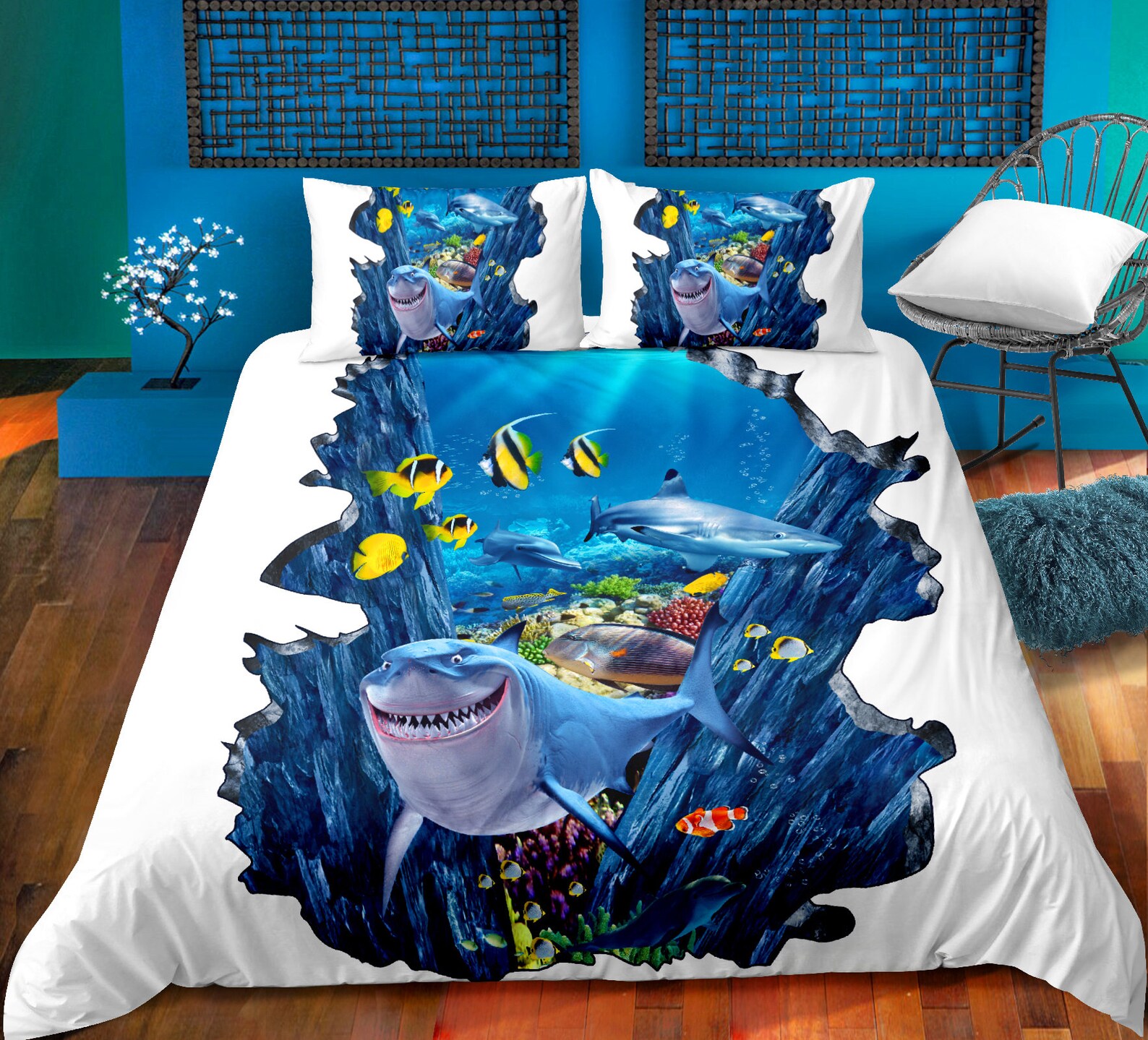 3D Shark Fish Bedding Duvet Cover King 3 Piece Hawaiian Beach Etsy UK
