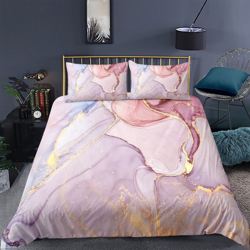 Colorful Marble Duvet Cover Queen Women Pastel Pink Gold Etsy