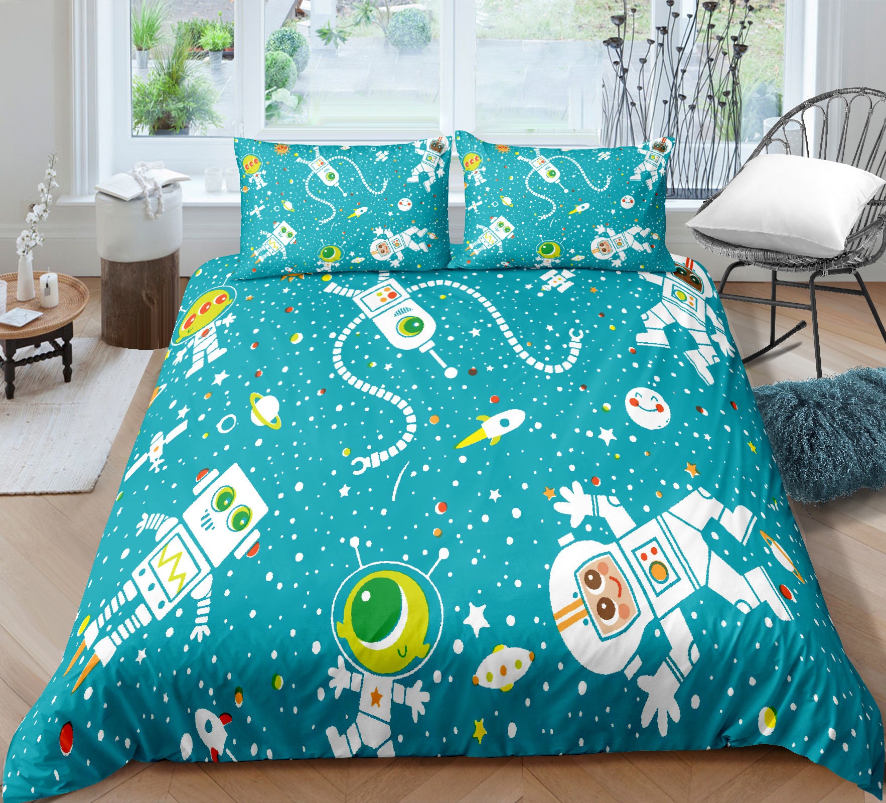 Outer Space Bedding Astronaut Rocket Ship Stars Print Etsy